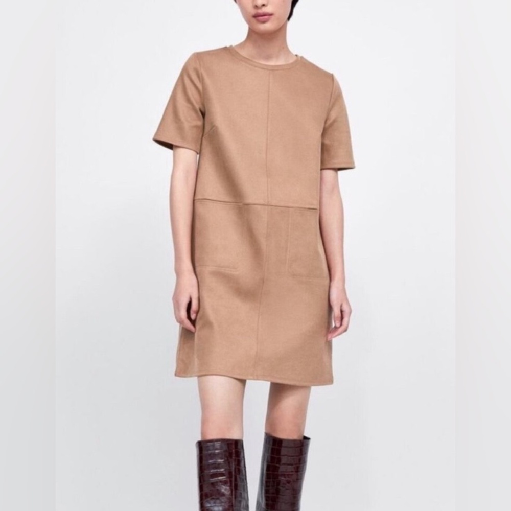 Suede Camel Dress with Pockets